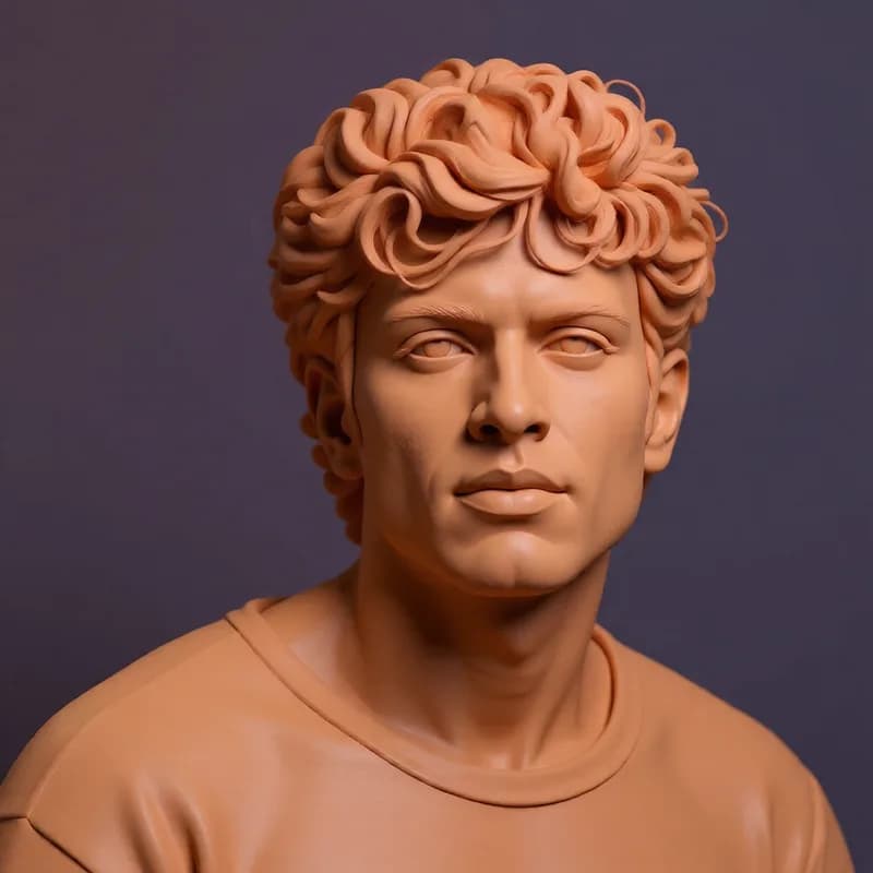 A studio portrait beside the same person remodelled as a soft clay figure by this tool